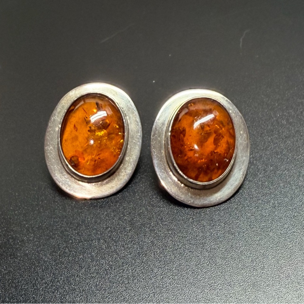 Amber and Silver Oval Earrings